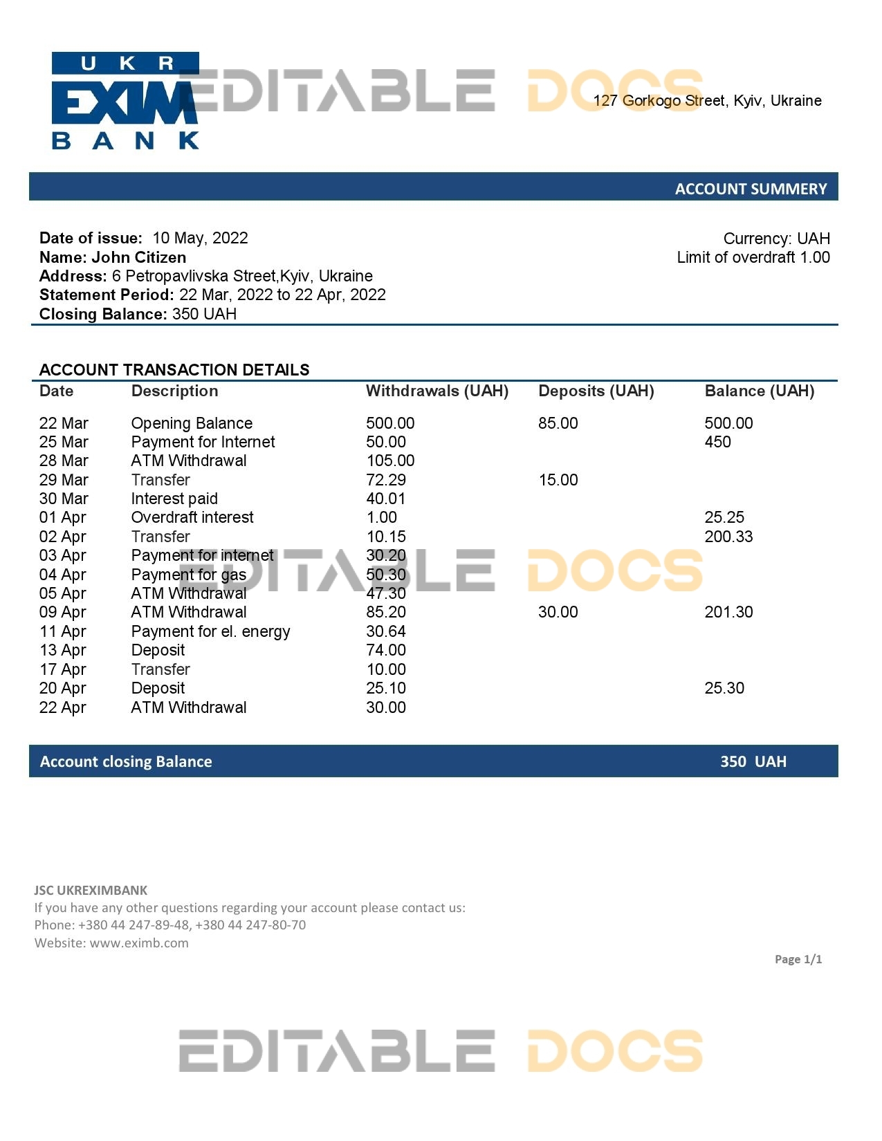 Ukraine Ukreximbank Bank statement template, Word and PDF format (.doc and .pdf)