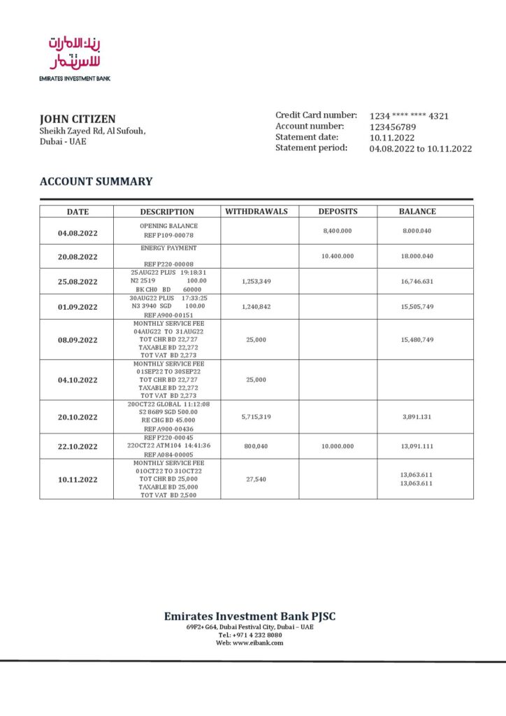 United Arab Emirates Investment Bank statement template in Word and PDF format