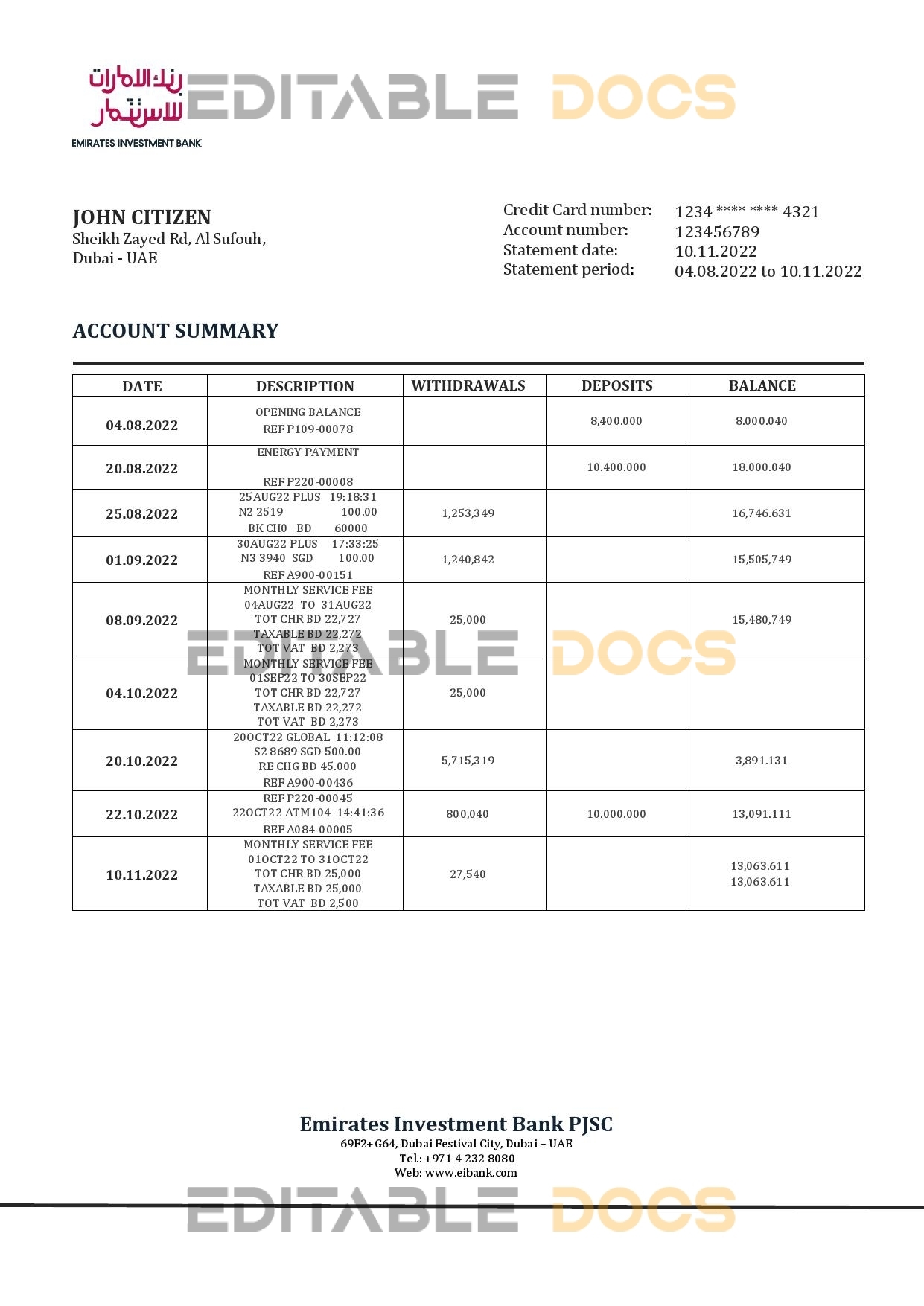 United Arab Emirates Investment Bank statement template in Word and PDF format