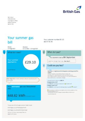 United Kingdom British Gas utility bill, Word and PDF template, 4 pages