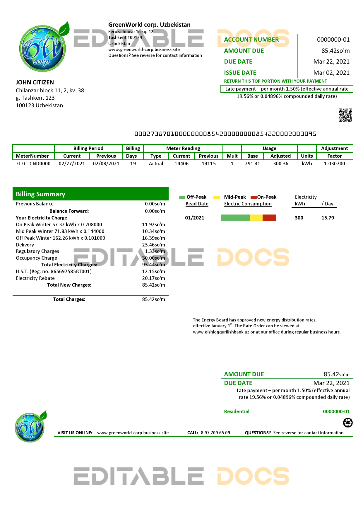 Uzbekistan GreenWorld utility bill template in Word and PDF (.doc and .pdf) format, fully editable