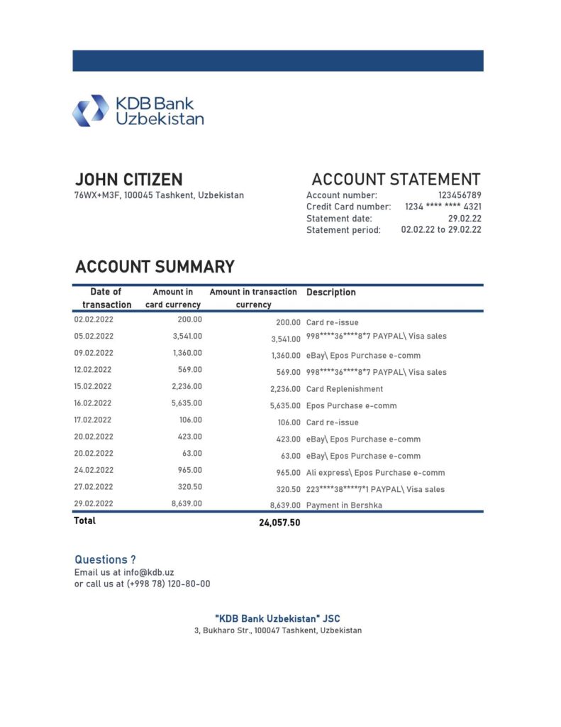 Uzbekistan KDB bank statement, Excel and PDF format