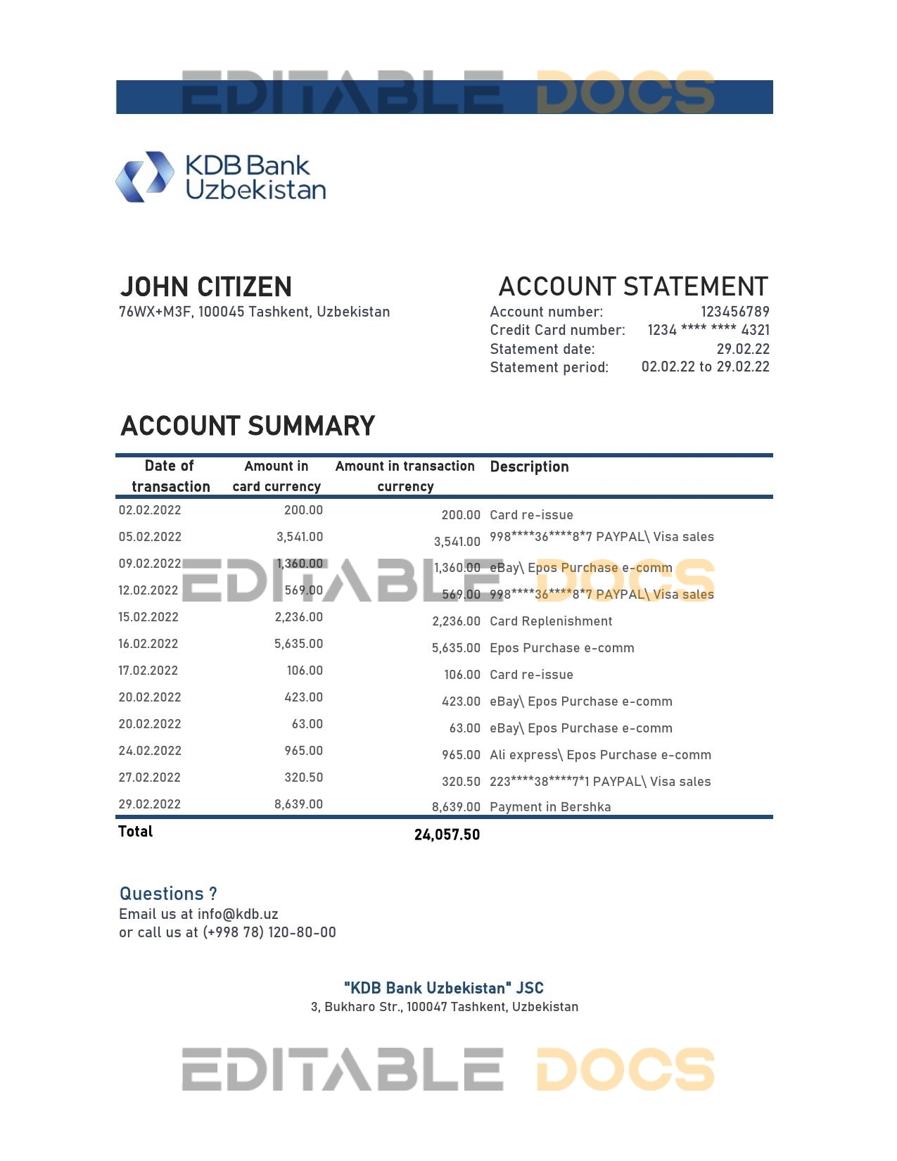 Uzbekistan KDB bank statement, Excel and PDF format