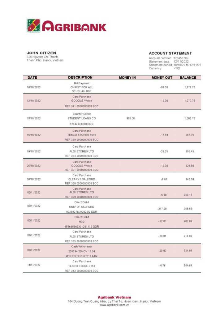 Vietnam Agribank bank statement template in Word and PDF format