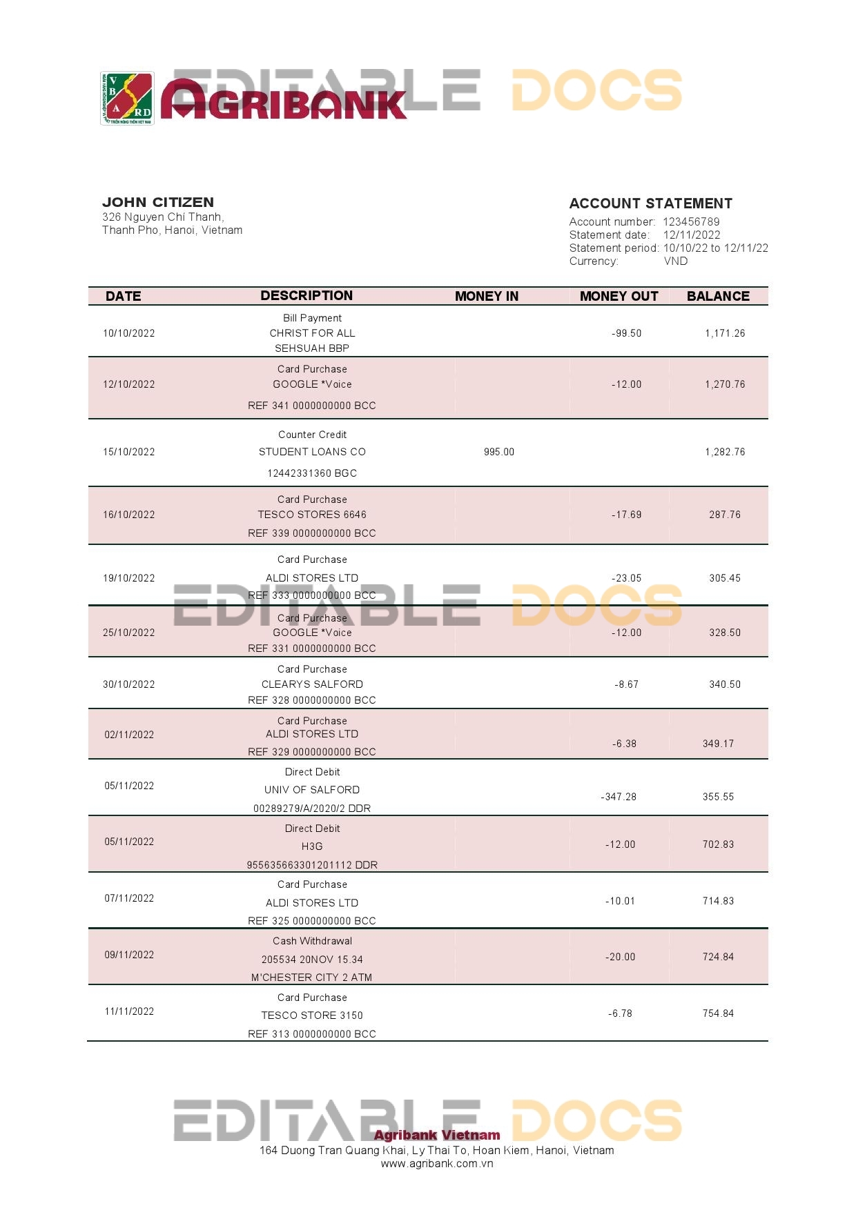 Vietnam Agribank bank statement template in Word and PDF format