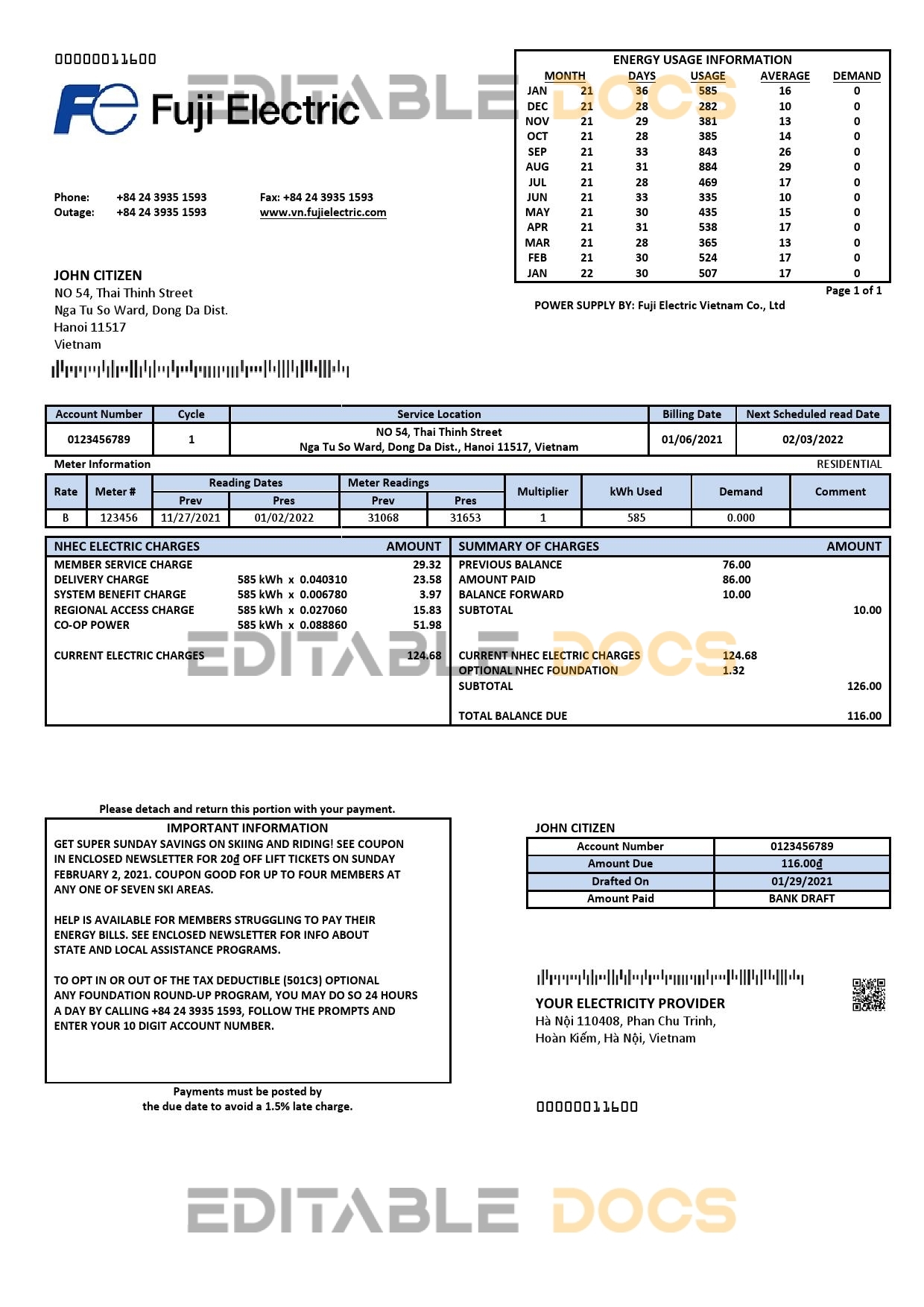Vietnam Fuji Electric Vietnam Co. utility bill template in Word format