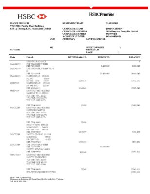 Vietnam HSBC bank proof of address statement template in Word and PDF format
