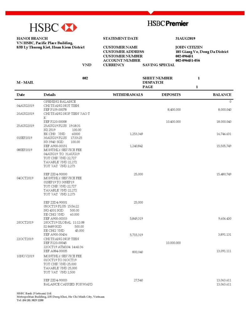 Vietnam HSBC bank proof of address statement template in Word and PDF format