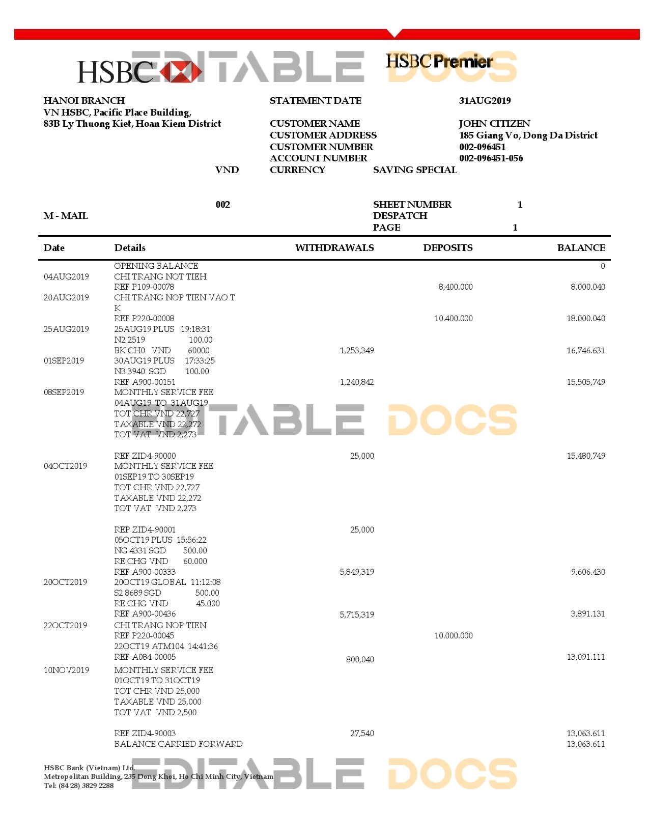 Vietnam HSBC bank proof of address statement template in Word and PDF format