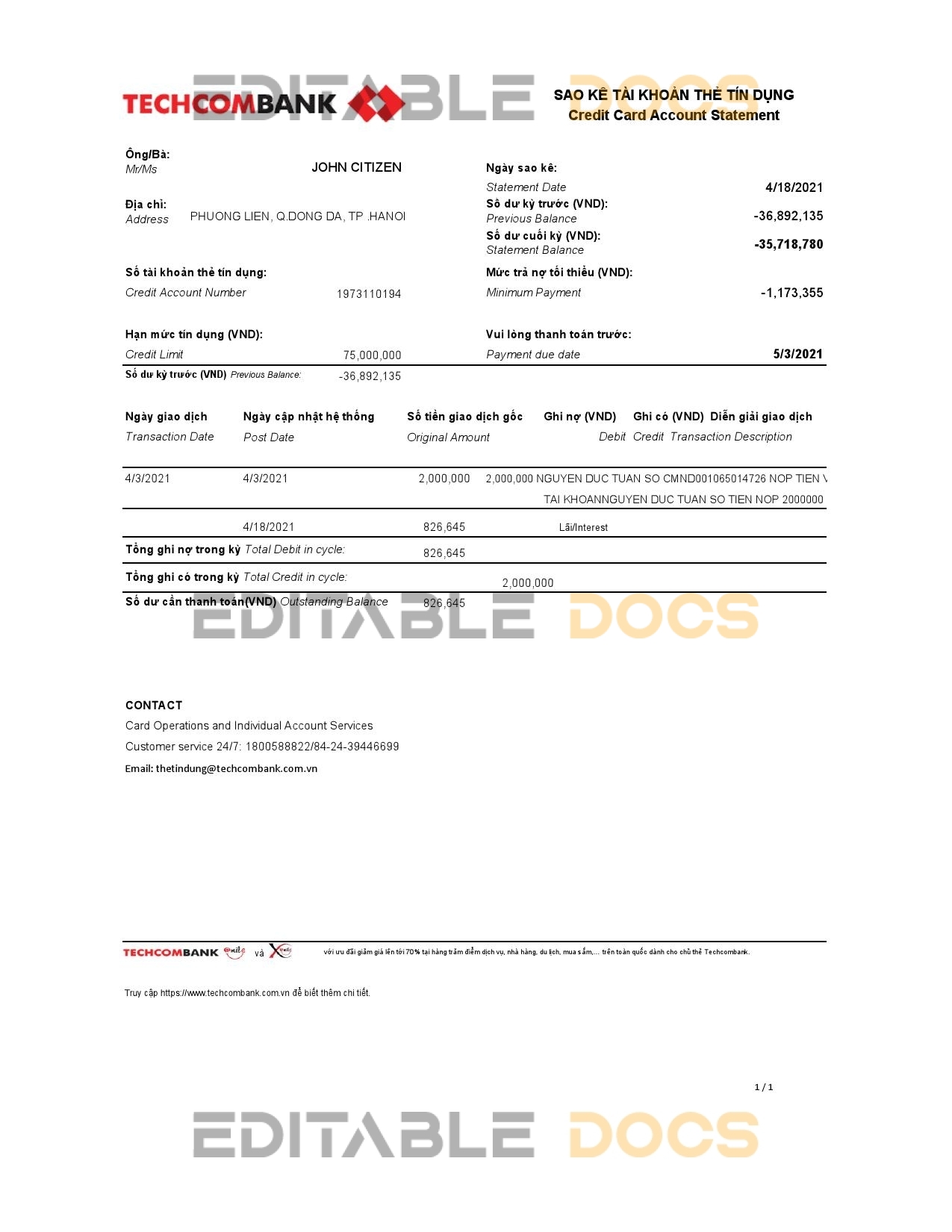 Vietnam Techcombank bank statement easy to fill template in Excel and PDF format