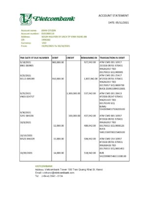 Vietnam Vietcombank bank statement easy to fill template in .xls and .pdf file format