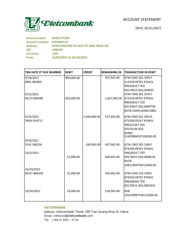 Vietnam Vietcombank bank statement easy to fill template in .xls and .pdf file format