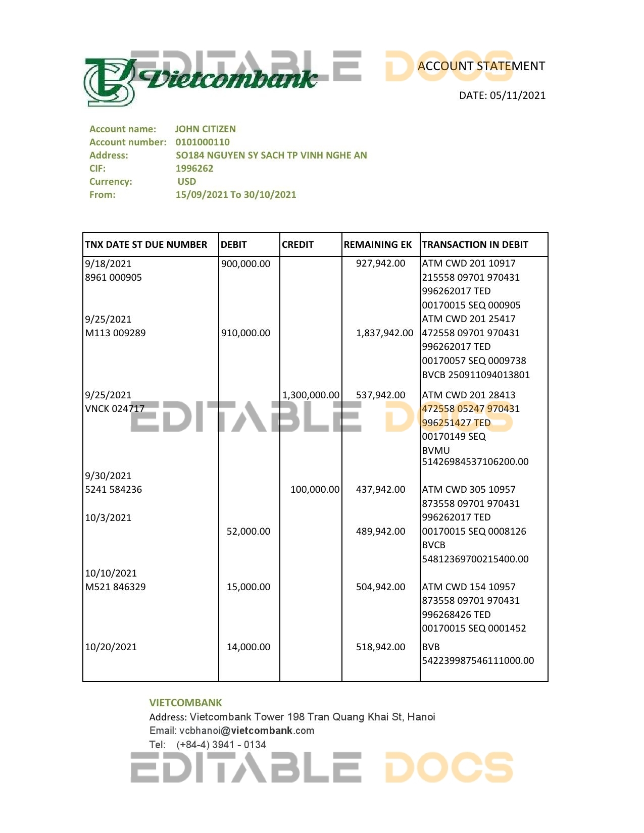 Vietnam Vietcombank bank statement easy to fill template in .xls and .pdf file format