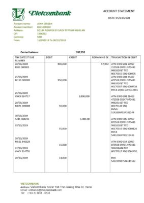 Vietnam Vietcombank proof of address statement template in Word and PDF format, .doc and .pdf format