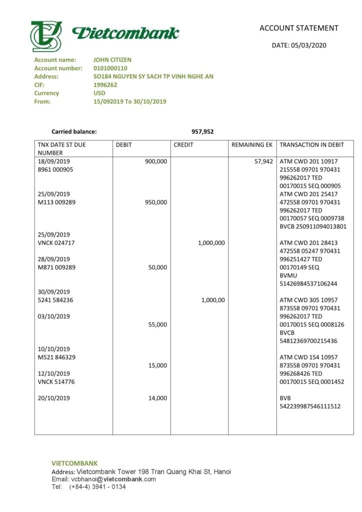 Vietnam Vietcombank proof of address statement template in Word and PDF format, .doc and .pdf format