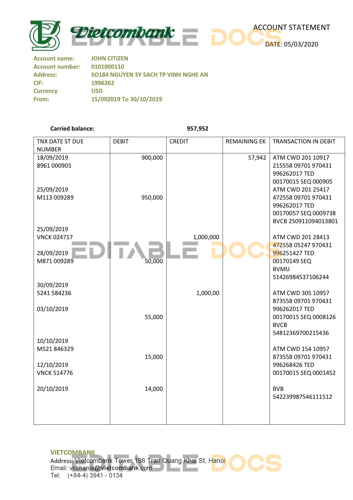 Vietnam Vietcombank proof of address statement template in Word and PDF format, .doc and .pdf format