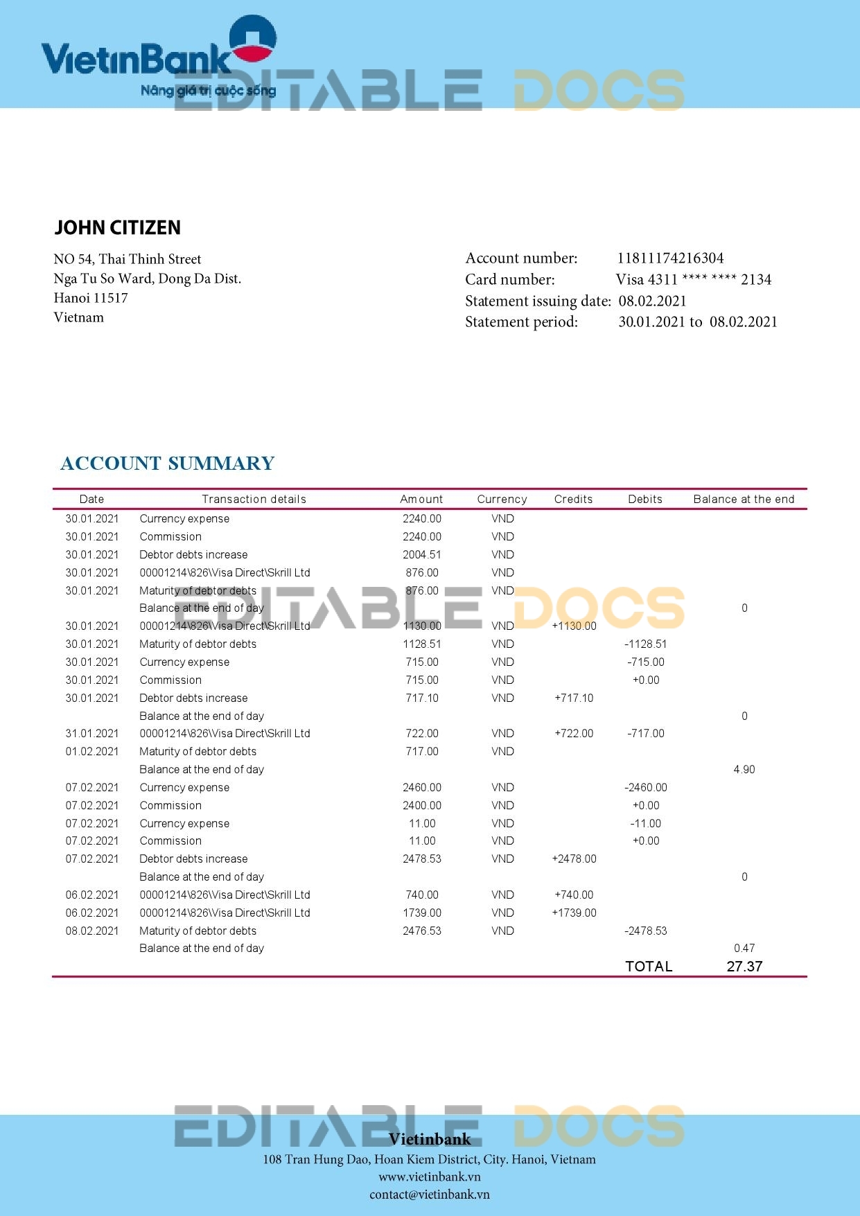 Vietnam Vietinbank bank proof of address statement template in Word and PDF format