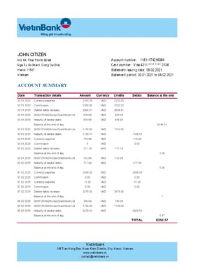 Vietnam Vietinbank bank statement template in Excel and PDF format