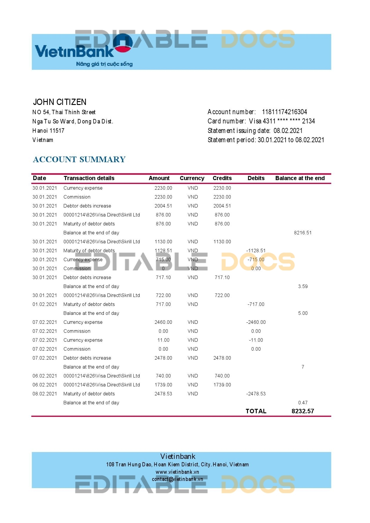 Vietnam Vietinbank bank statement template in Excel and PDF format