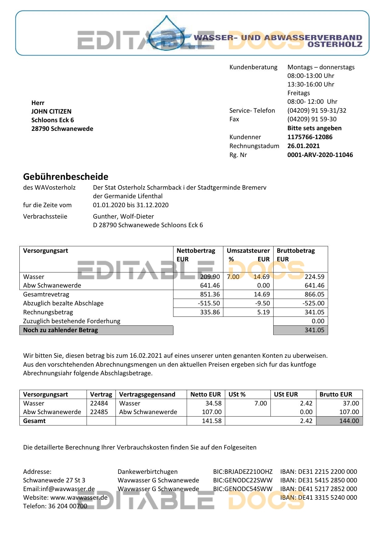 Germany Wavwasser utility bill template in Word and PDF format