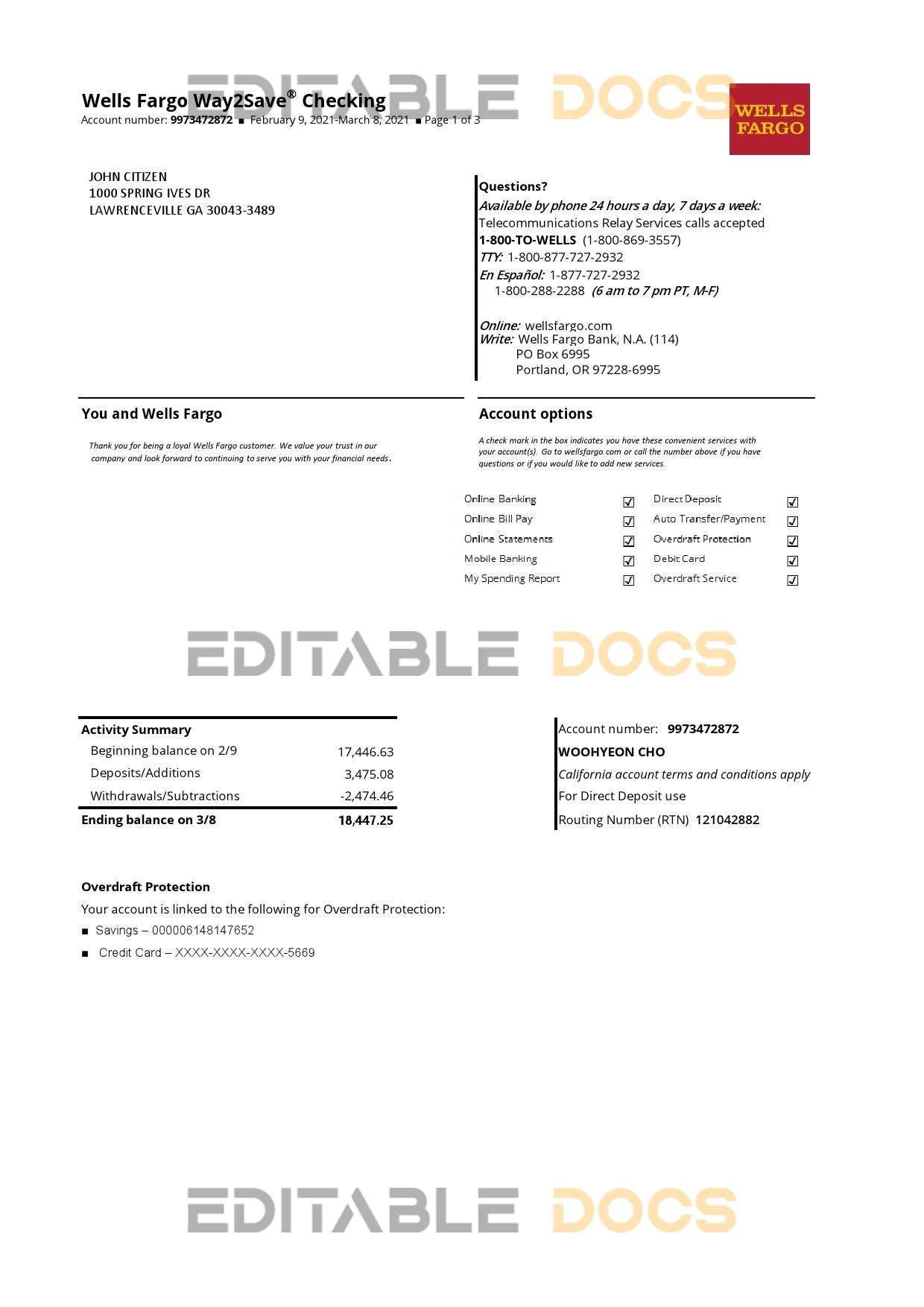 USA Wells Fargo bank statement template in .xls and .pdf file format, 3 pages