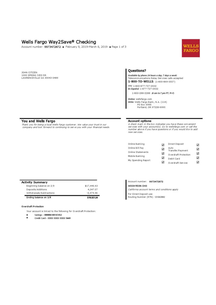 USA Wells Fargo bank statement template in Word and PDF format, 3 pages 1