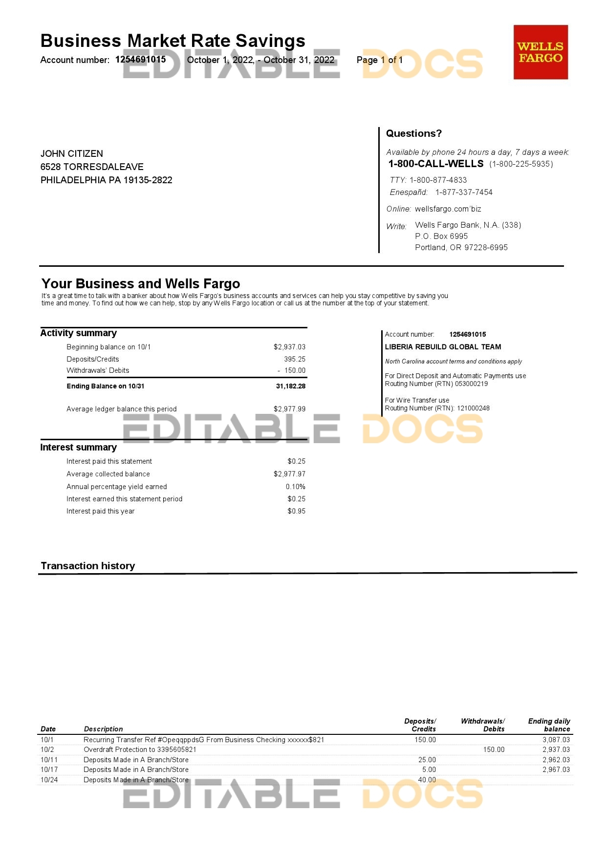 USA Wells Fargo bank statement Word and PDF template, version 2