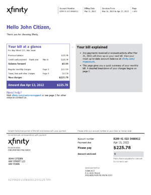 USA Editable Templates 7 USA Philadelphia Xfinity utility bill Word and PDF template, 4 pages