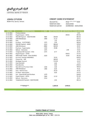 Yemen Central Bank of Yemen bank statement Word and PDF template