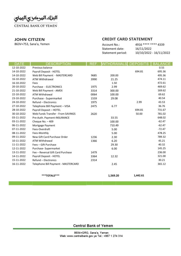Yemen Central Bank of Yemen bank statement Word and PDF template