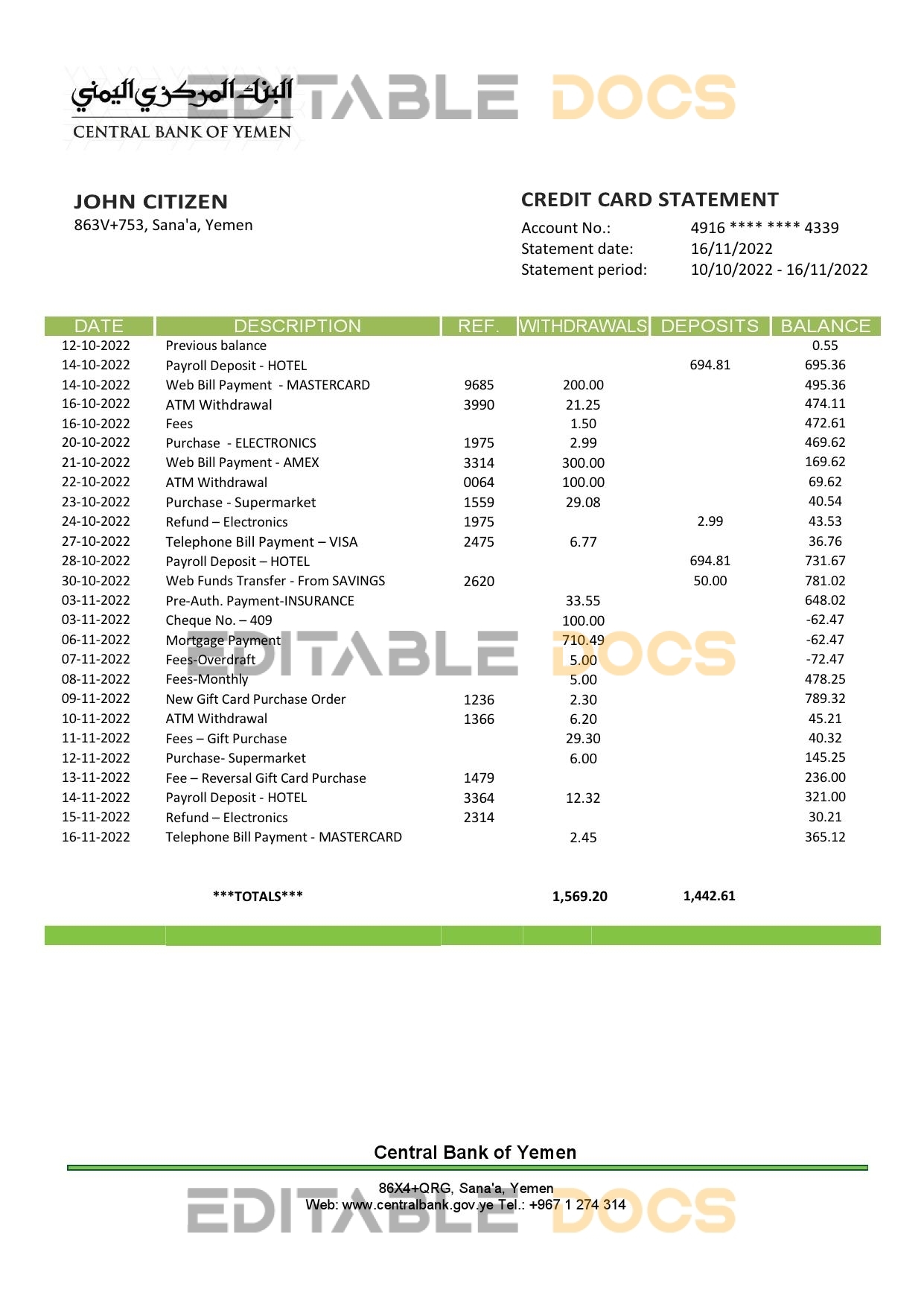 Yemen Central Bank of Yemen bank statement Word and PDF template