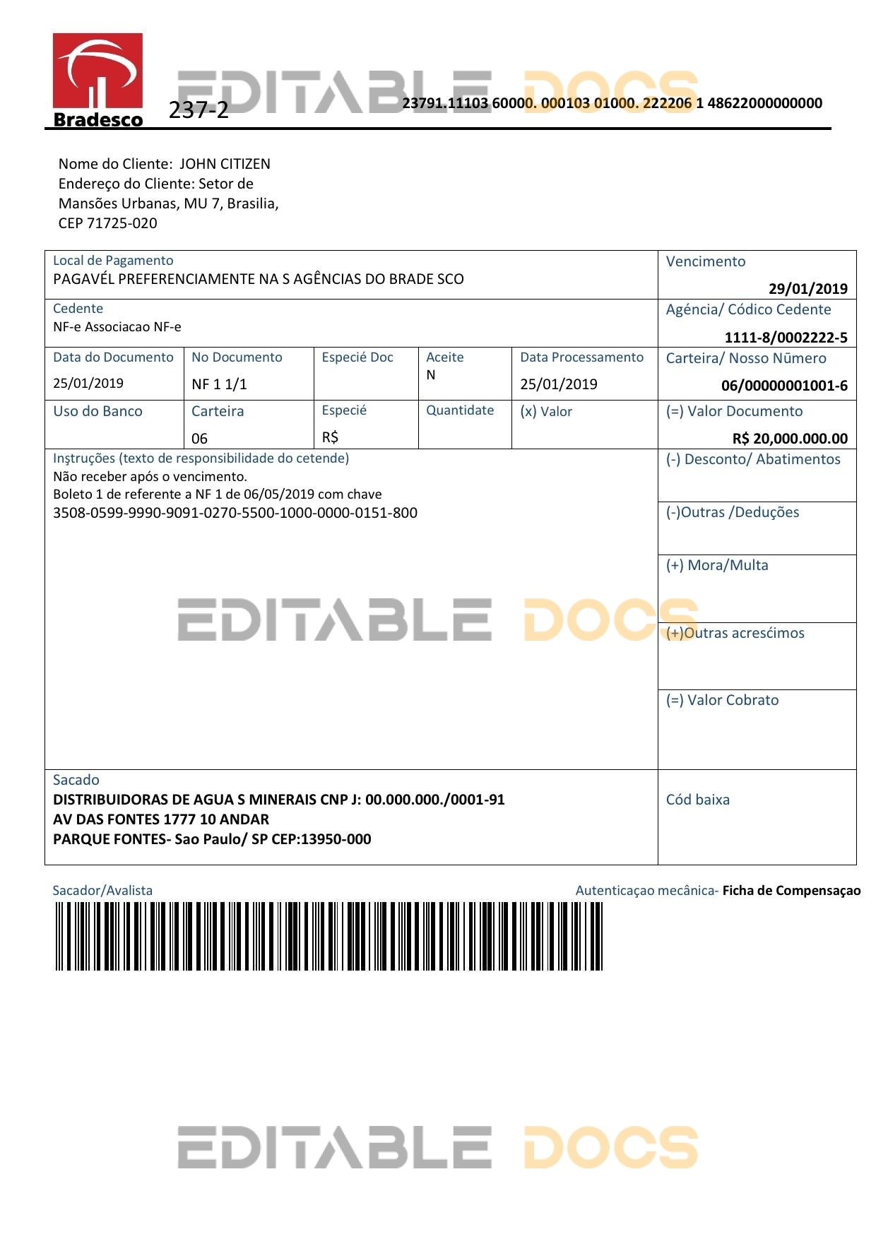 Brazil Bradesco bank proof of address statement template in Word and PDF format