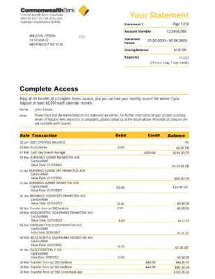 Australia Commonwealth bank statement template in Word and PDF format (3 pages), version 2