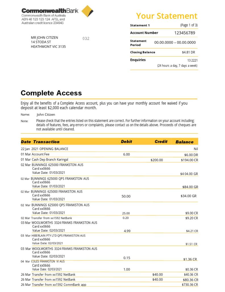 Australia Commonwealth bank statement template in Word and PDF format (3 pages), version 2 1