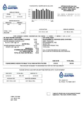 USA Texas El Paso Water utility bill template in Word and PDF format