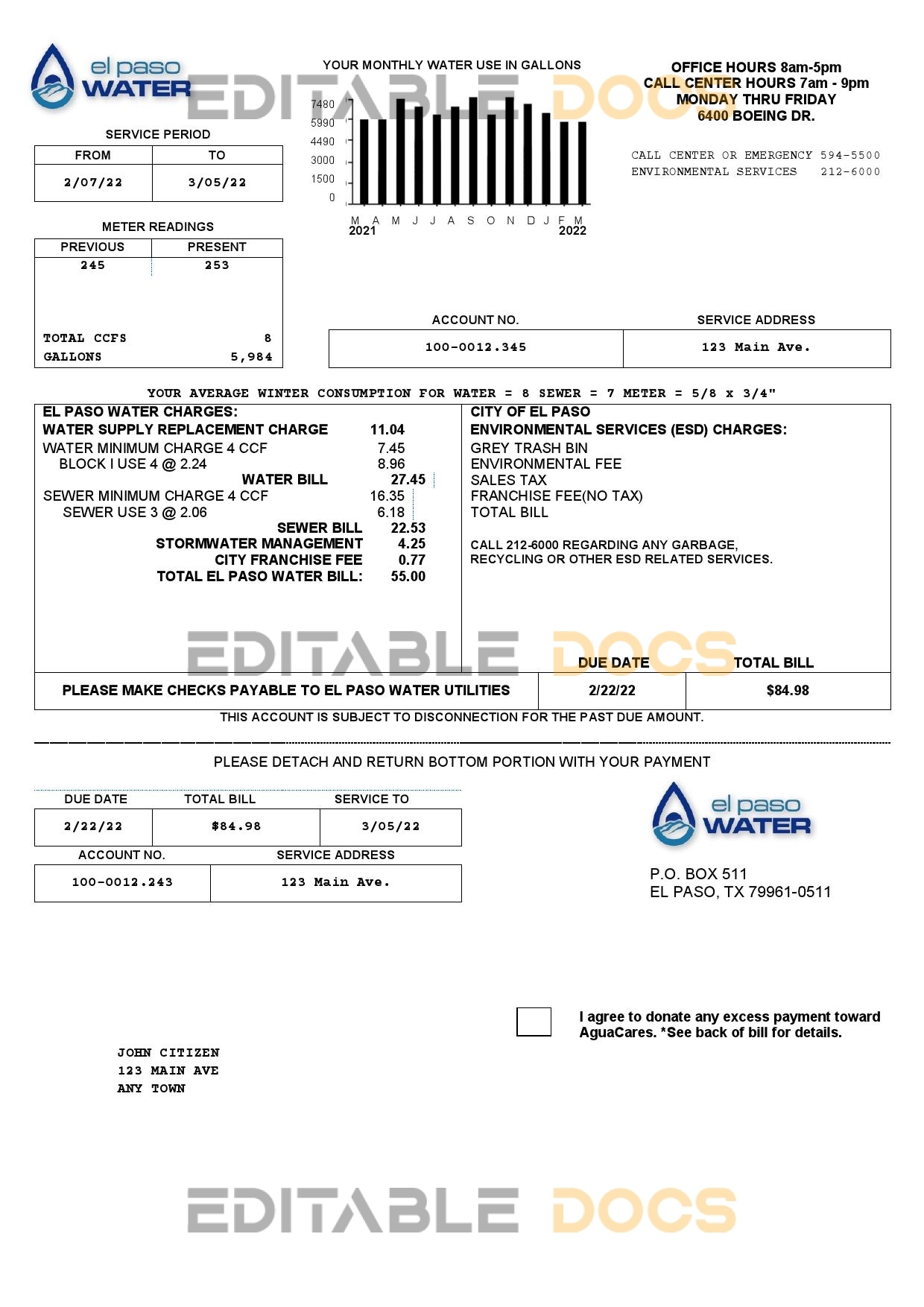 USA Texas El Paso Water utility bill template in Word and PDF format