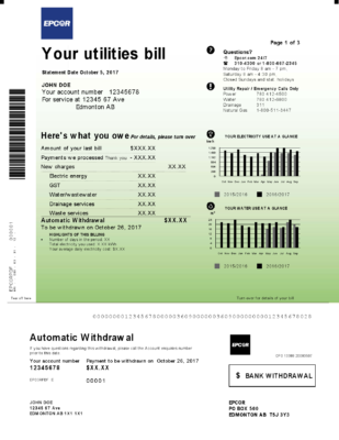 Canada Epcor electricity utility bill template in Word and PDF format, 3 pages