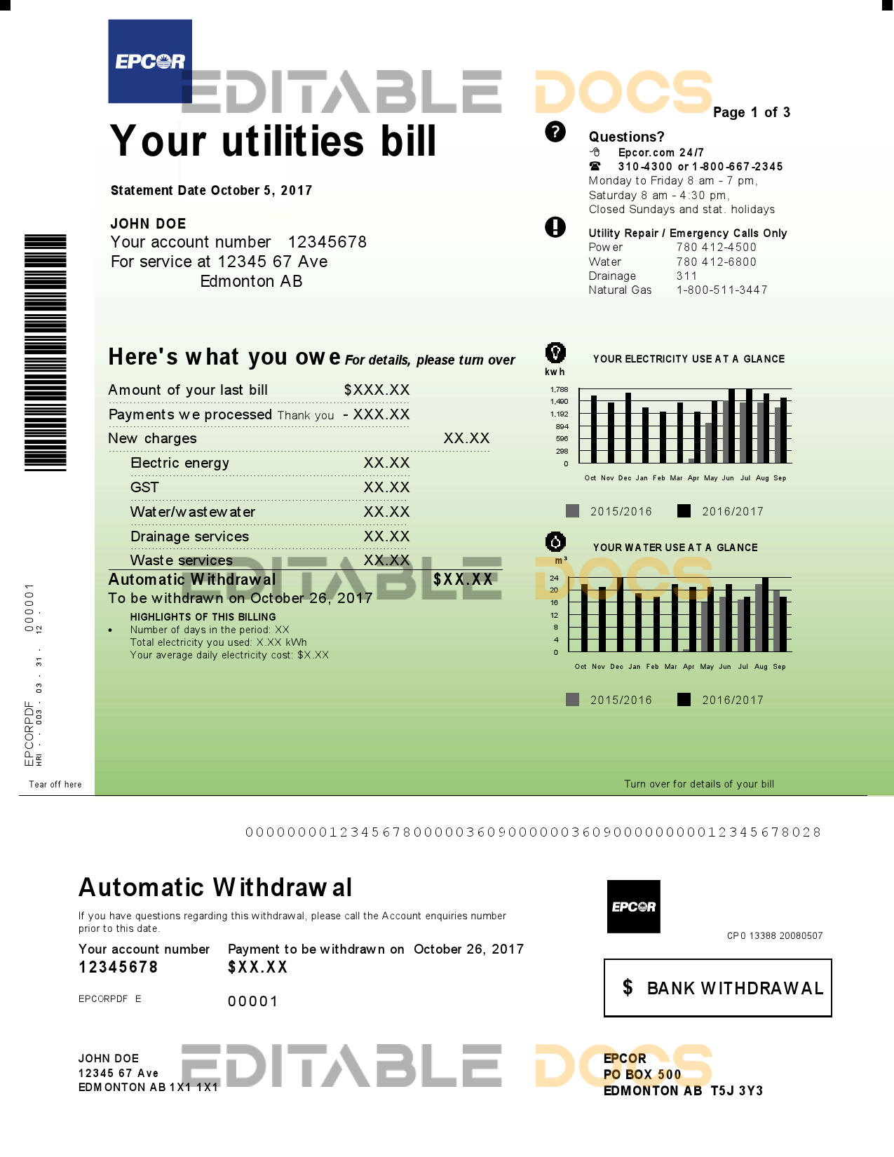 Canada Epcor electricity utility bill template in Word and PDF format, 3 pages