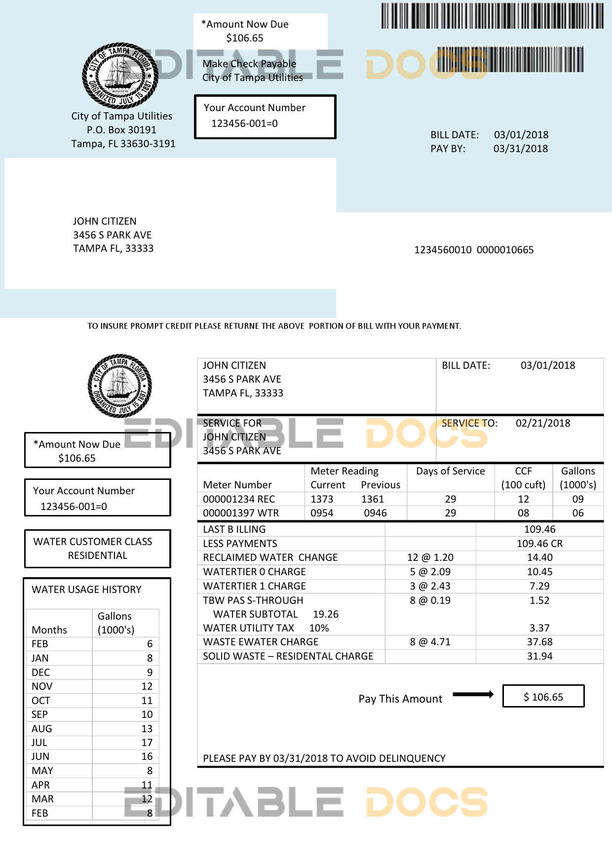 USA Florida water utility bill template in Word and PDF format