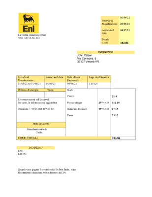 Italy Gas utility bill template in .doc and .pdf format, fully editable