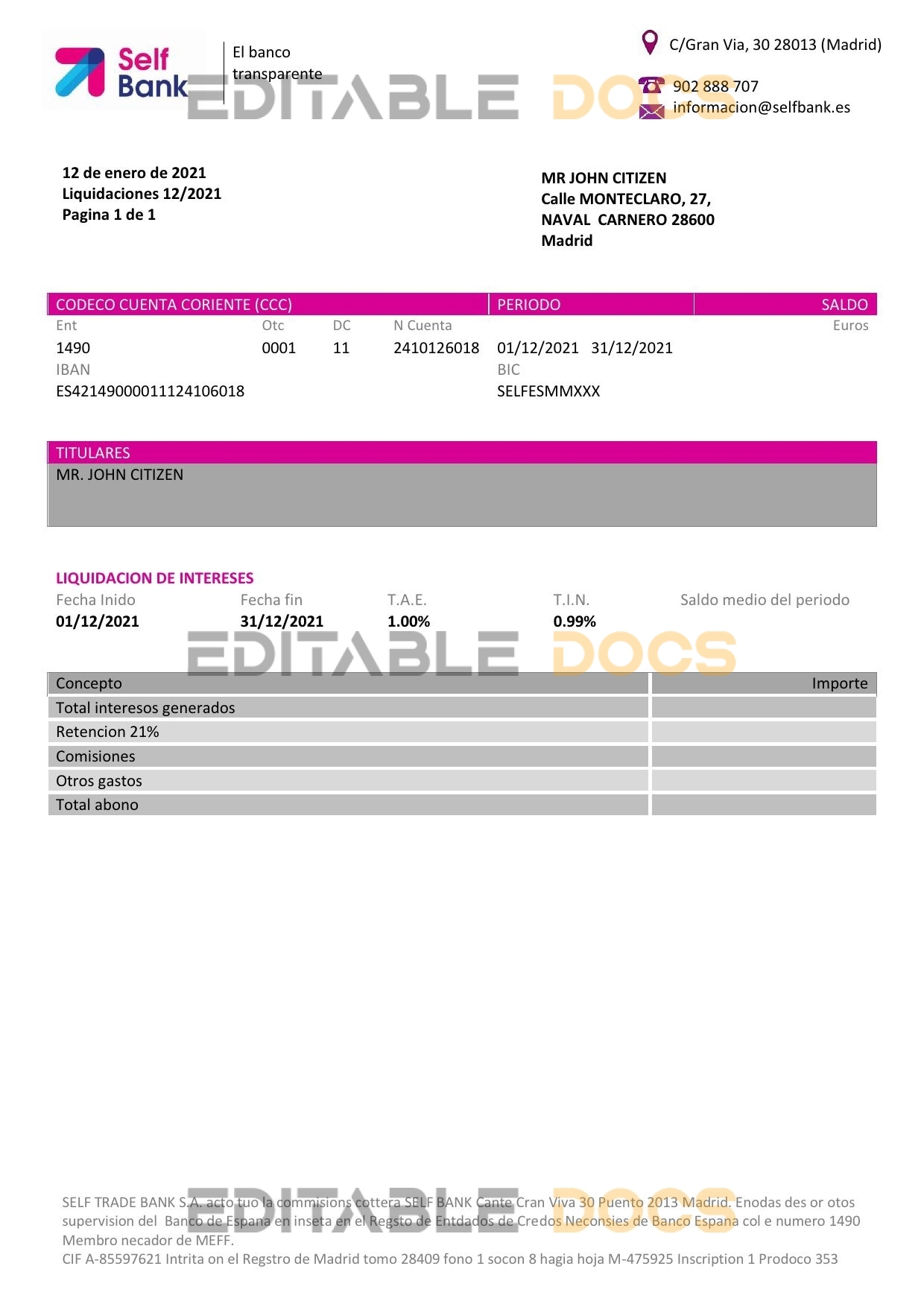 Spain Self Bank proof of address statement template in Word and PDF format, .doc and .pdf format