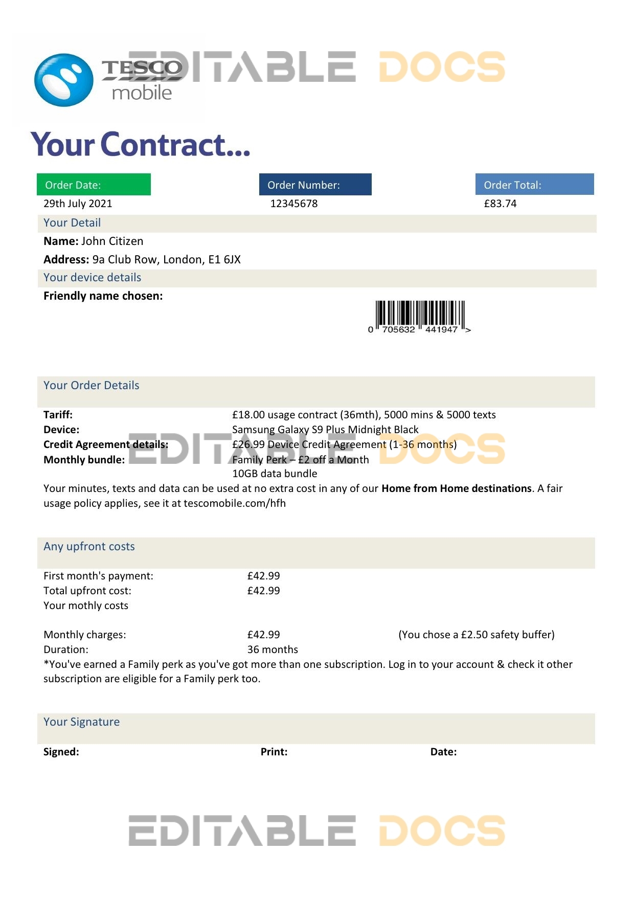 United Kingdom Tesco Mobile utility bill template in Word and PDF format