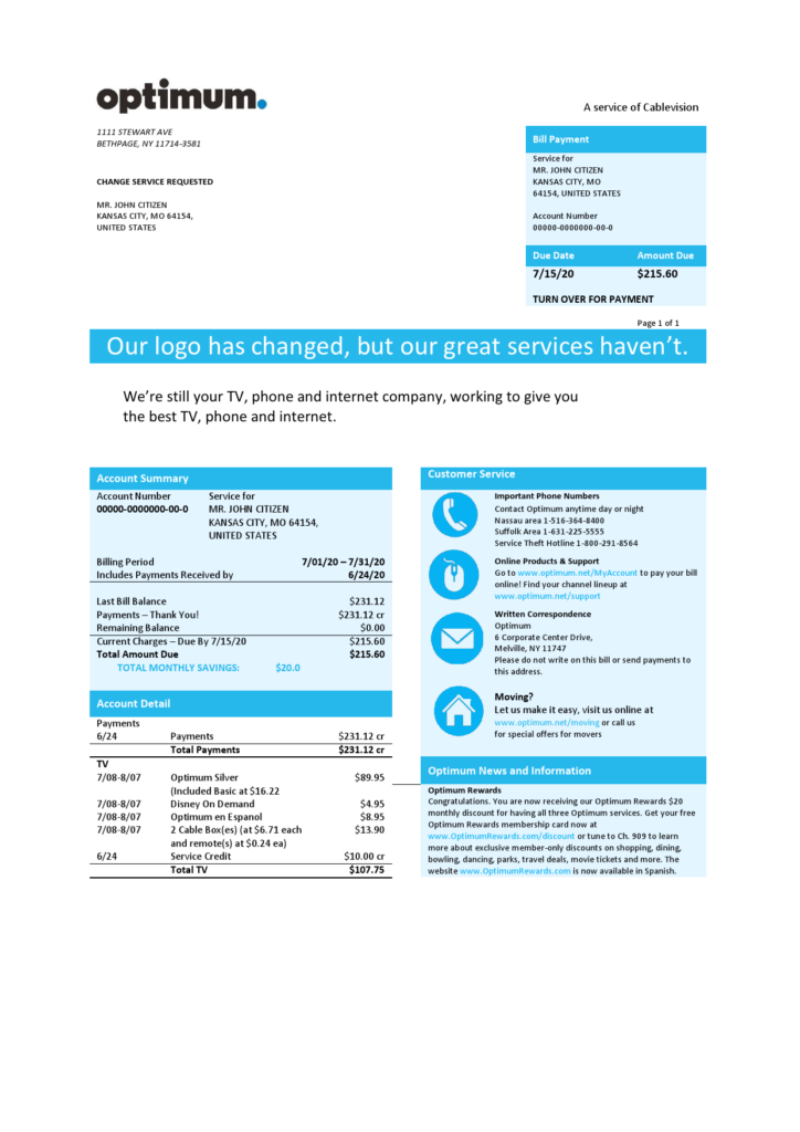 USA New York Optimum cablevision bill template in Word and PDF format