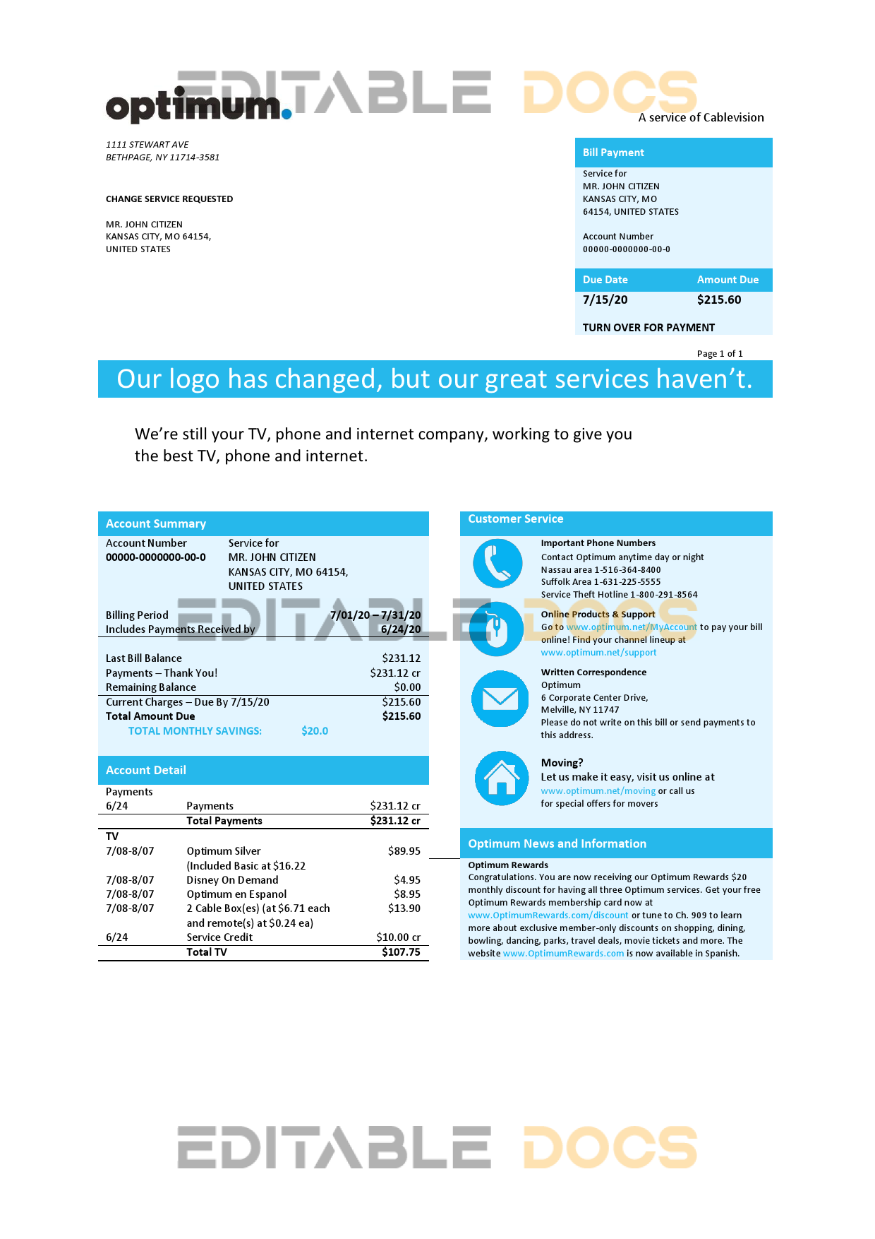 USA New York Optimum cablevision bill template in Word and PDF format