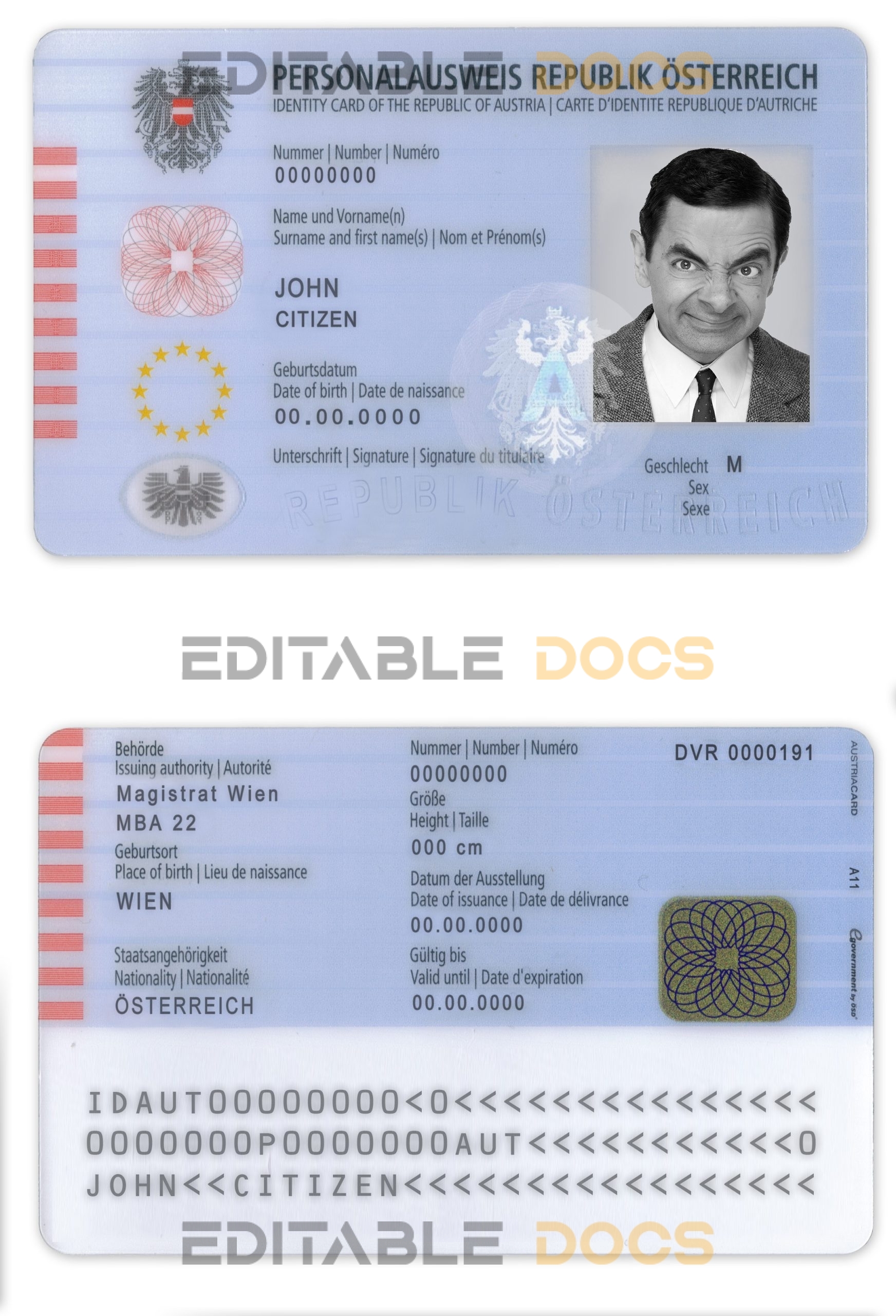 Austria ID template in PSD format, fully editable, with all fonts