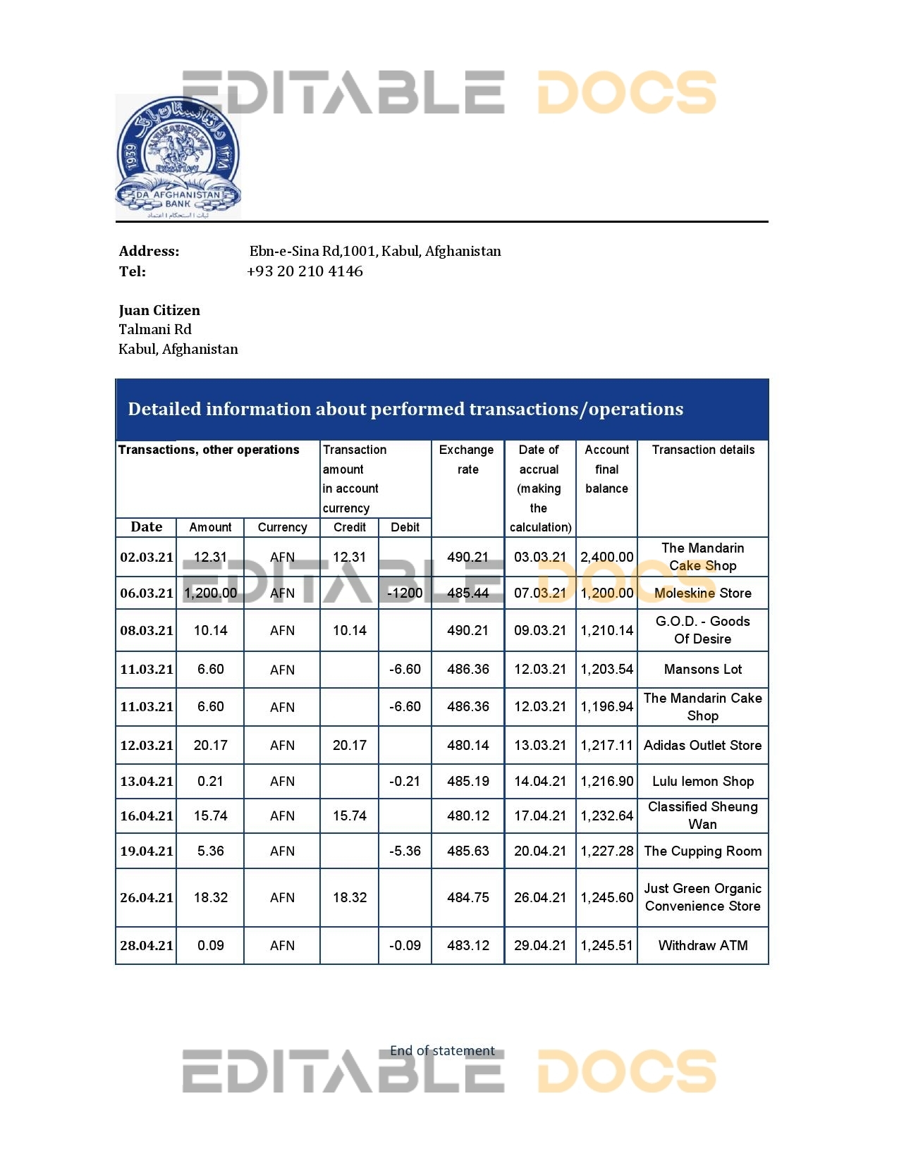Afghanistan Da Afghanistan bank statement template in Excel an PDF format