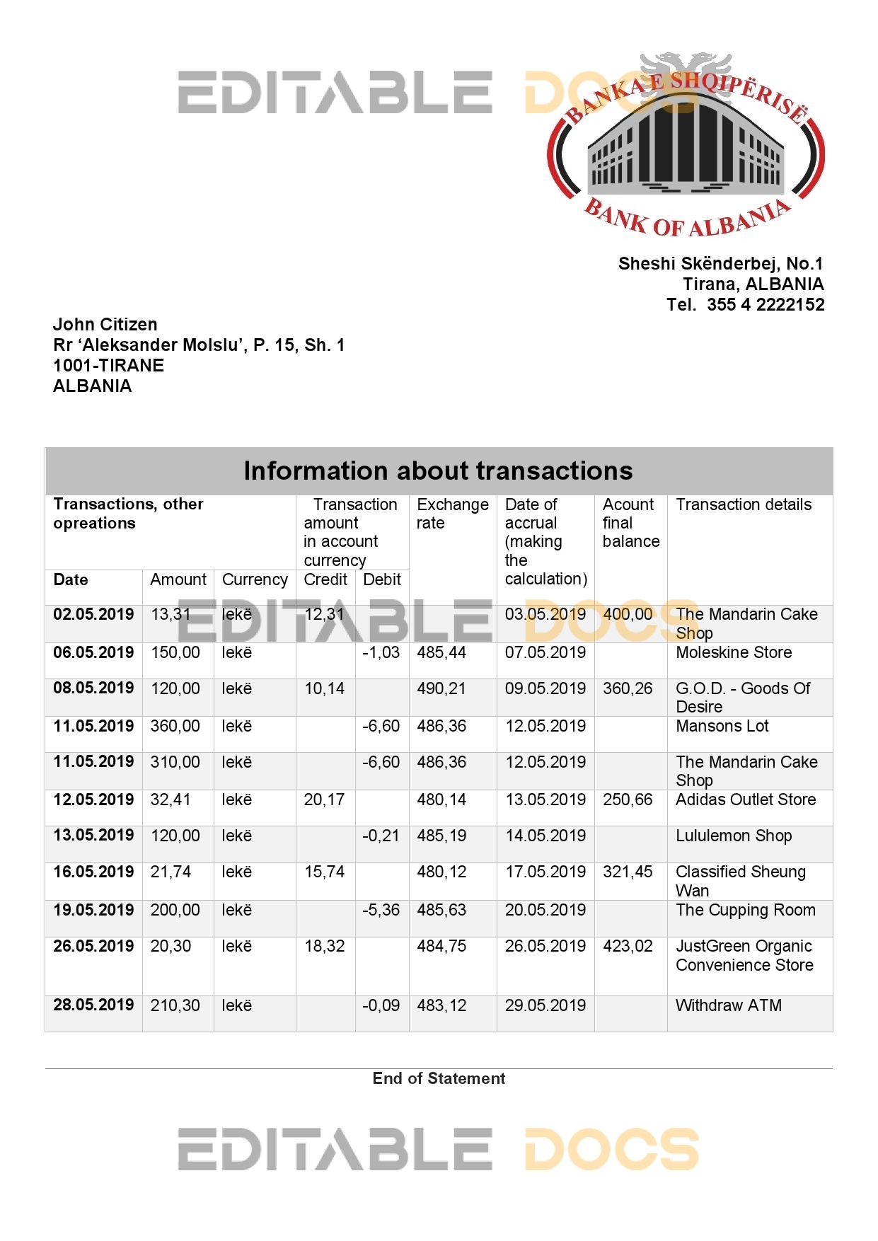 Albania Bank of Albania bank statement template in Word and PDF format