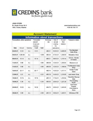 Albania Credins bank statement template in Excel and PDF format