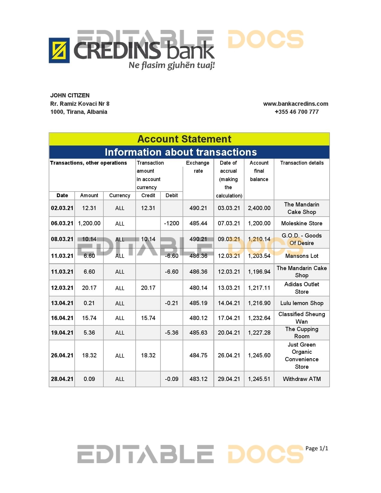 Albania Credins bank statement template in Excel and PDF format