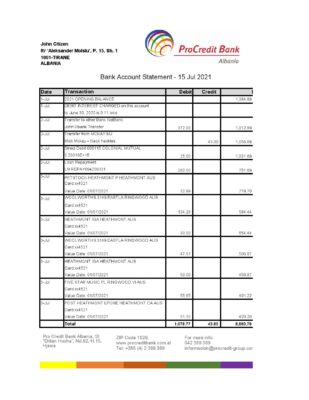 Albania ProCredit bank statement template in Excel and PDF format